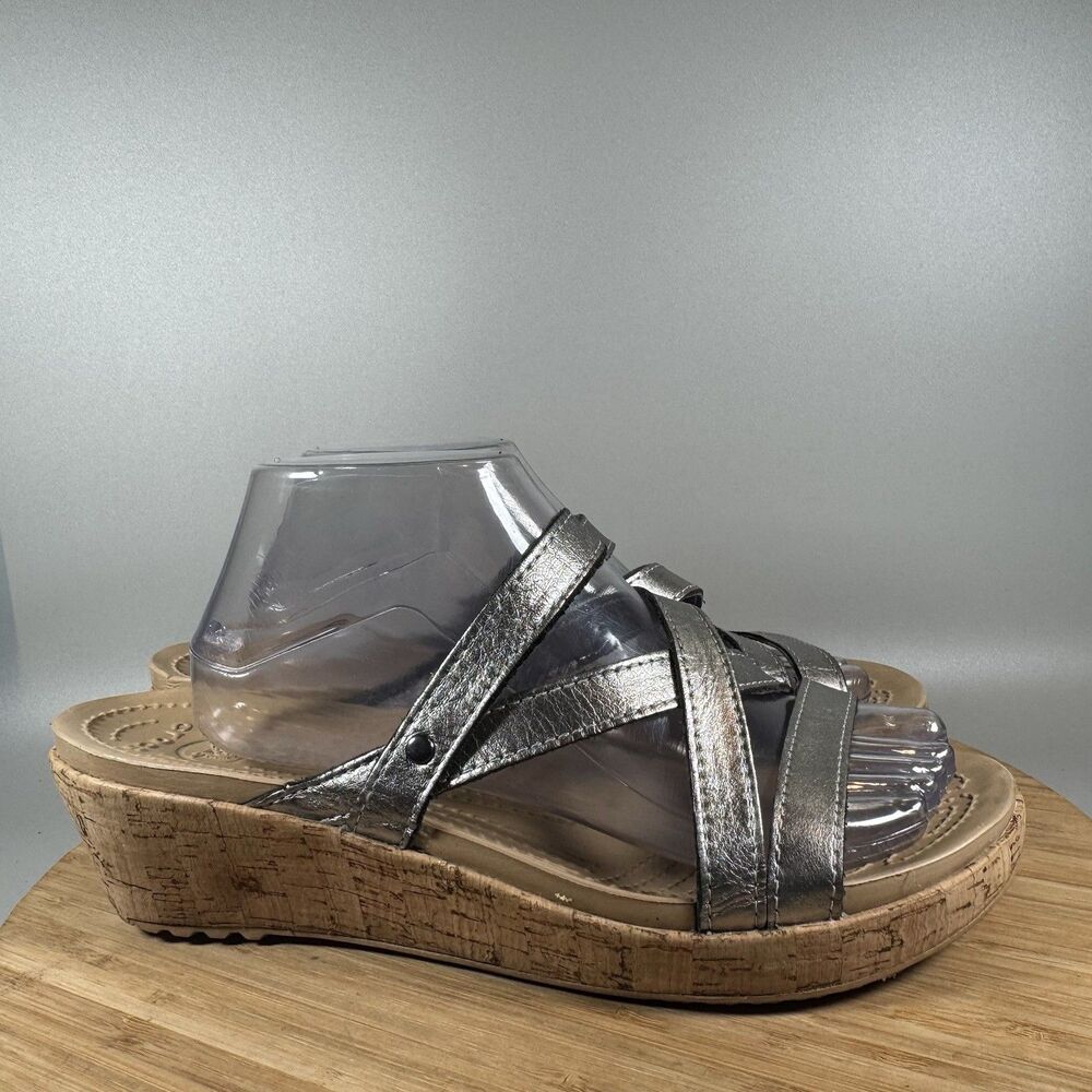 CROCS Metallic Silver Cork-Style Wedge Sandals
